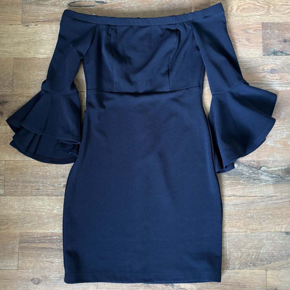 Off-the-Shoulder Navy Blue Bell Sleeve Mini Dress Size 11/12 - Picture 10 of 16